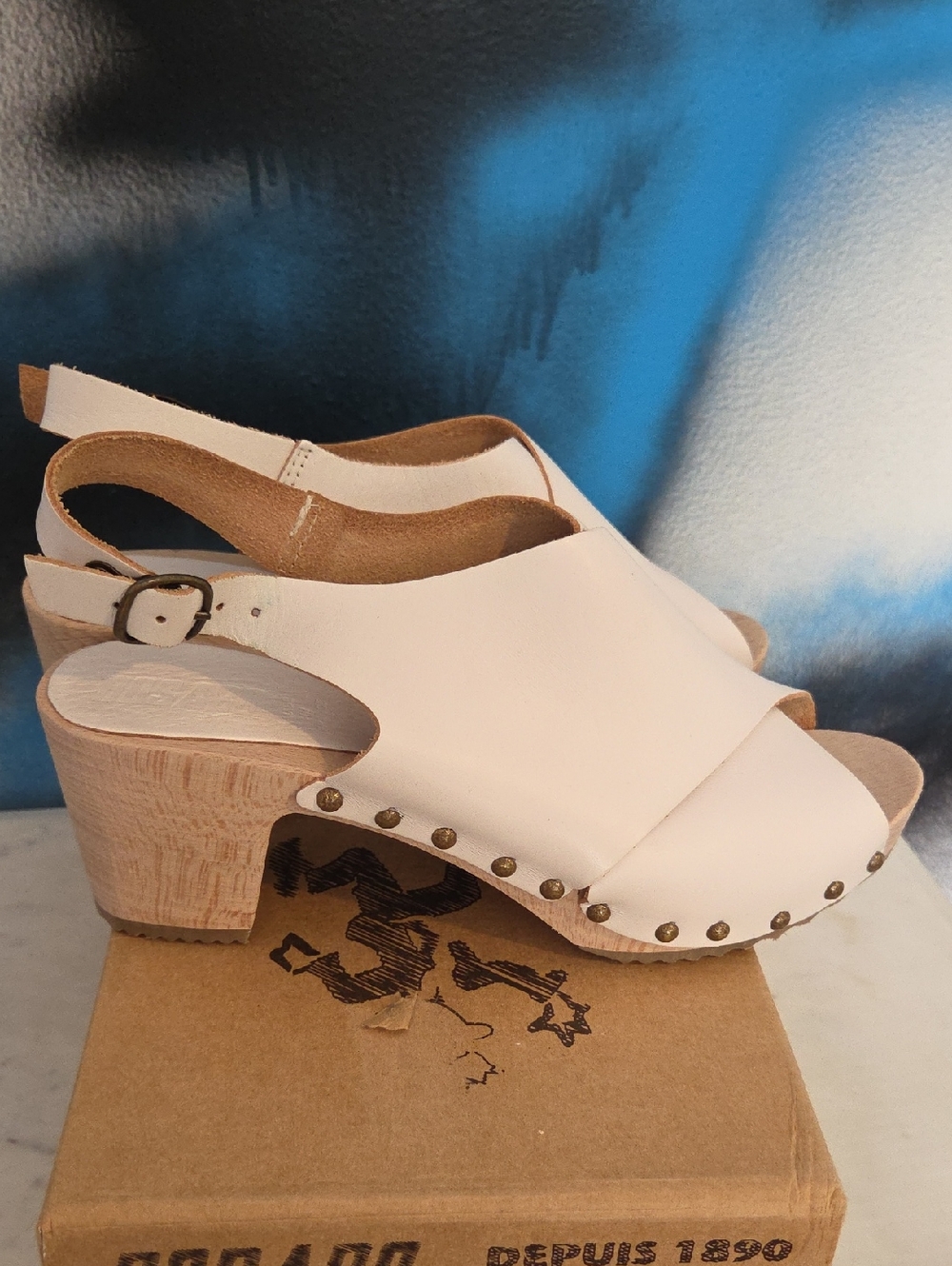 Bosabo White Leather Slingback Clog Sandals with Studded Trim..France